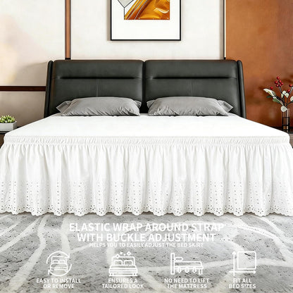 ANARACHON Full Bed Skirt, Wrap-Around Elastic Ruffled Eyelet Bed Skirt Full Size Dust Ruffle with Gathered Styling and Embroidered Details, 18" Drop Length (White)