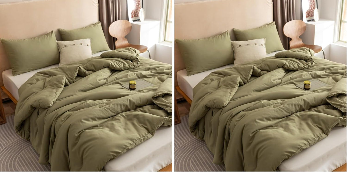 ROSGONIA Queen Comforter Set Olive Green, 3pcs Bedding Sets Queen (1 Boho Olive Comforter & 2 Pillowcases), All Season Lightweight Blanket Quilt