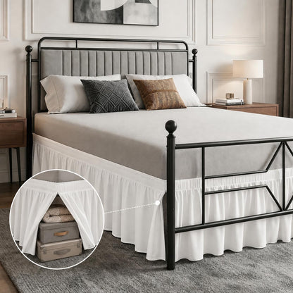 Queen Bed Skirt 14 inch Drop, Elastic Wrap Split Corner, Bright White