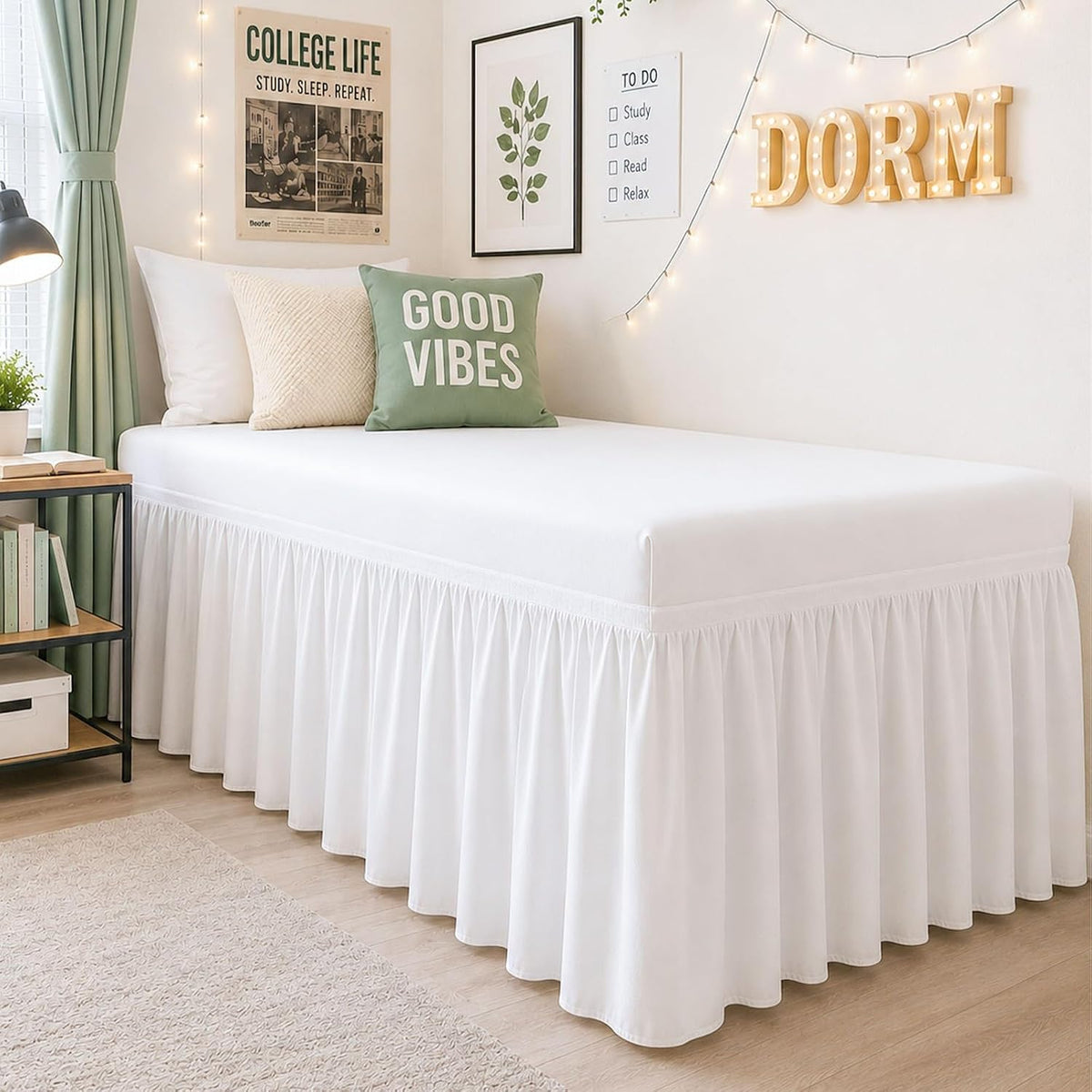 Cottington Lane Twin XL Dorm Bed Skirt 32 Inch Drop, Extended Ruffled College Dorm Bed Skirt, Wrap Around Dust Ruffle, Premium Brushed Microfiber Extra Long Bed Skirt for Twin XL Dorm Beds, White