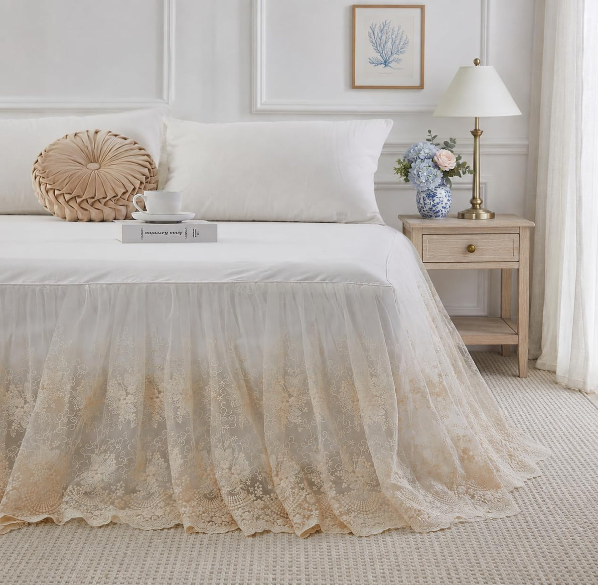 Brandream Cream Lace Bed Skirt King 18-Inch Drop Romantic Bedding