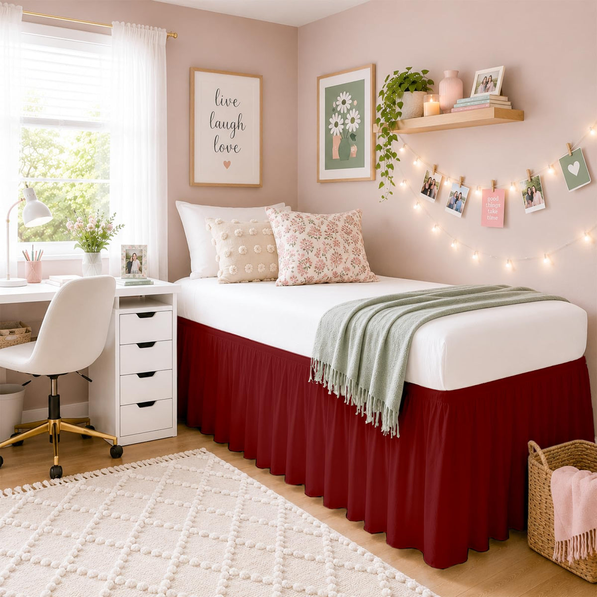 SlumberWell College Dorm Twin XL Ruffled Bed Skirt, 42 Inch Drop, White