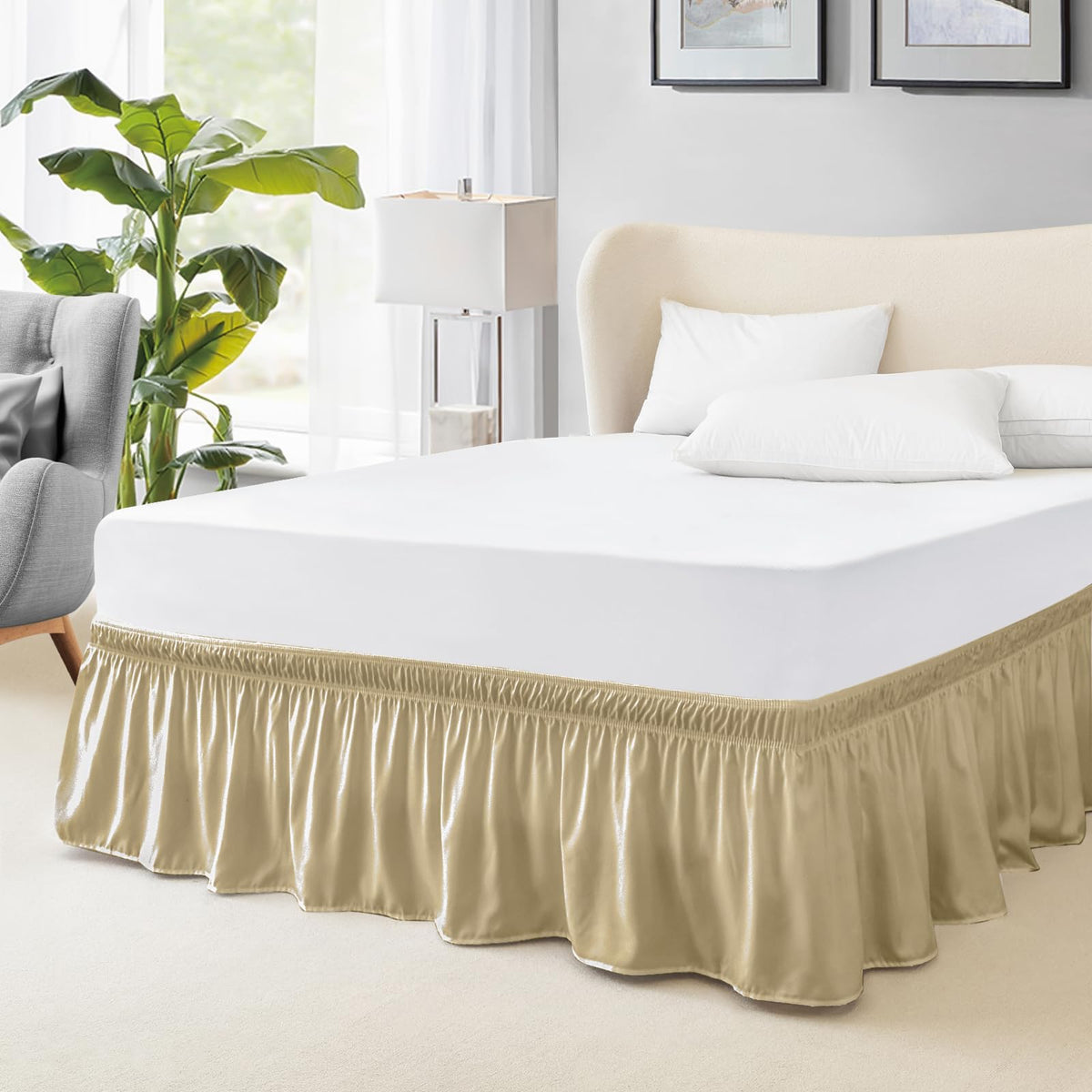 FreshCulture Queen Bed Skirt, Elastic Wrap Around Bed Skirt Queen Size, Bed Skirts for Adjustable Bed, Easy Fit with 15-Inch Tailored Drop, Hotel Quality Dust Ruffle for Queen Bed (Sage Green)