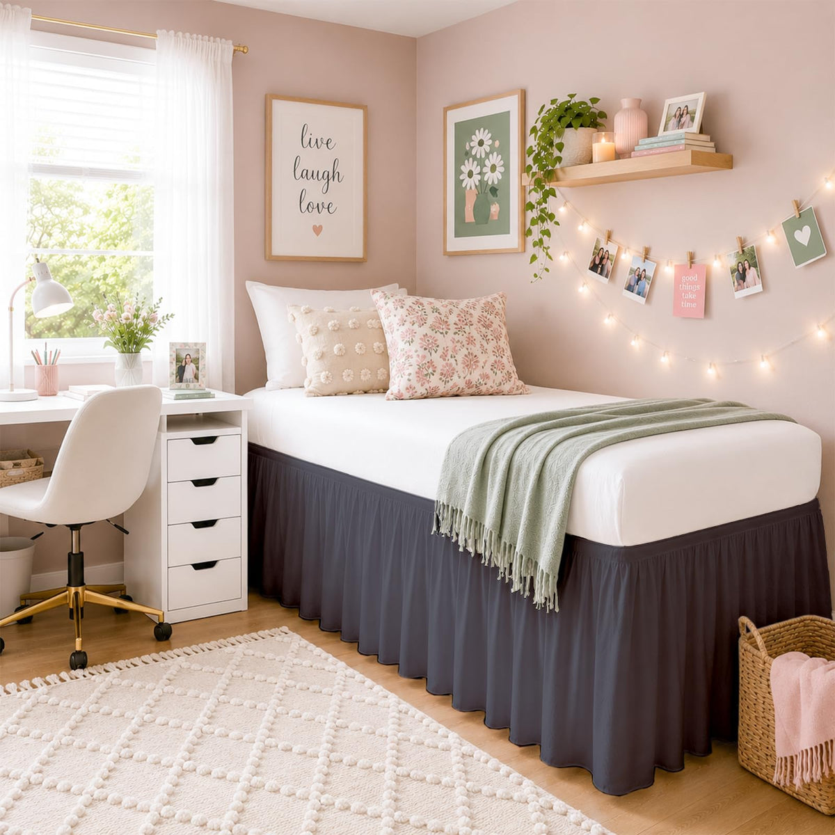 SlumberWell College Dorm Twin XL Ruffled Bed Skirt, 42 Inch Drop, White