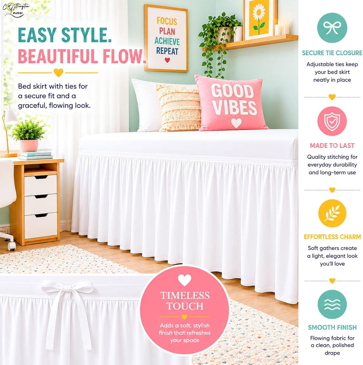 Cottington Lane Ruffled Dorm Room Bed Skirt Twin XL 30 Inch Drop, White