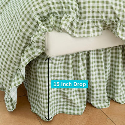 NSNLGSGC Green Gingham Wrap Around Ruffled Bed Skirt, Queen, 15 Inch Drop
