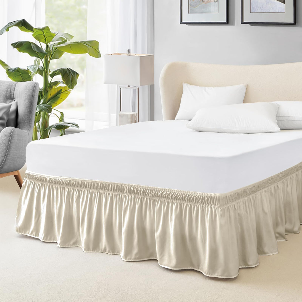 FreshCulture Queen Bed Skirt, Elastic Wrap Around Bed Skirt Queen Size, Bed Skirts for Adjustable Bed, Easy Fit with 15-Inch Tailored Drop, Hotel Quality Dust Ruffle for Queen Bed (Sage Green)
