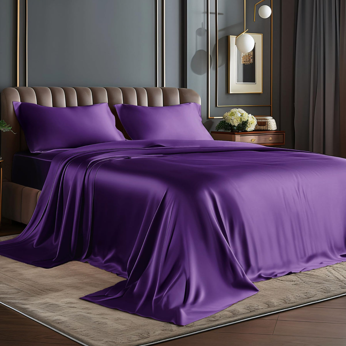 BEDELITE Satin Sheets Queen Size Bed Set, Black, 4 Pieces