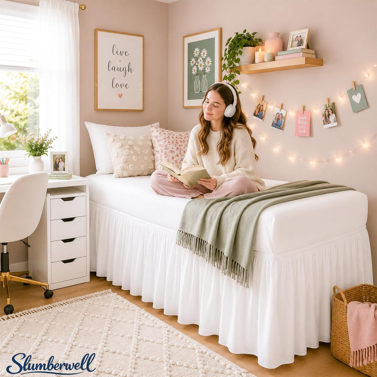 SlumberWell College Dorm Twin XL Ruffled Bed Skirt, 42 Inch Drop, White