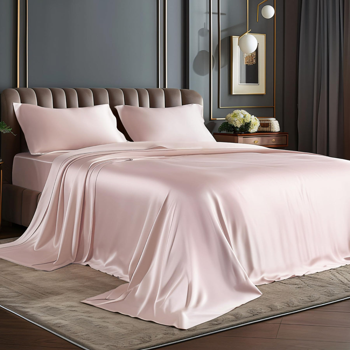 BEDELITE Satin Sheets Queen Size Bed Set, Black, 4 Pieces
