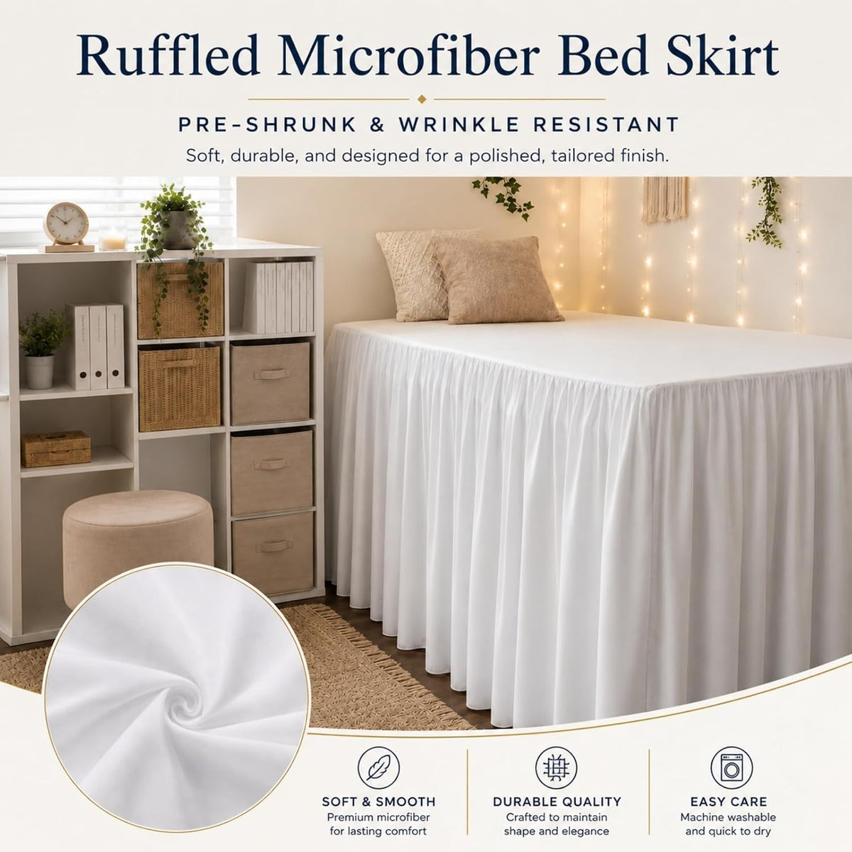 White Platform Dorm Bed Skirt Twin XL 42 Inch Drop,Extra Long Drop
