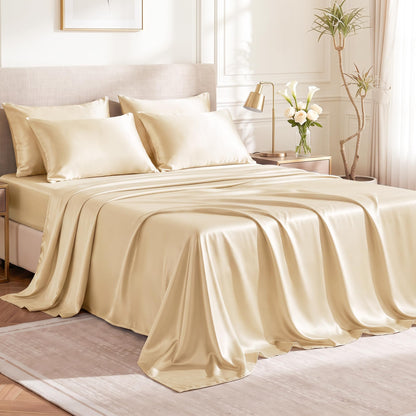 Love's cabin Satin Queen Sheets Set, 4 Pieces, Pink, 15" Deep Pocket