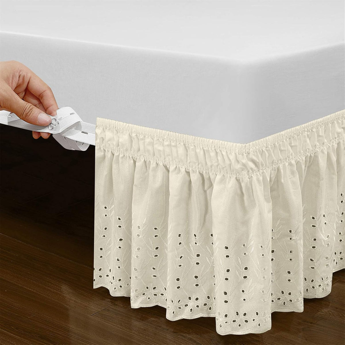 Wrap Around Elastic Eyelet Bed Skirt Dust Ruffle (Ivory, Twin/Full-18 Inch Drop)