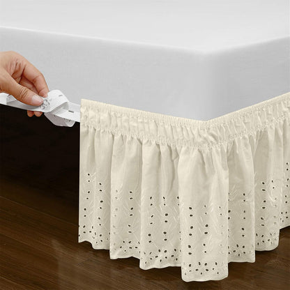 Wrap Around Elastic Eyelet Bed Skirt Dust Ruffle (Ivory, Twin/Full-18 Inch Drop)