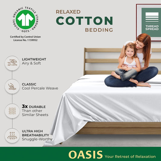 THREAD SPREAD 100% Organic Cotton King Flat Sheet - Percale Weave Cotton Flat Sheet Only (1 PC, White), Crisp, Cool, Strong & Breathable Lightweight Bed Linen Top Sheets, GOTS Certified Sheets
