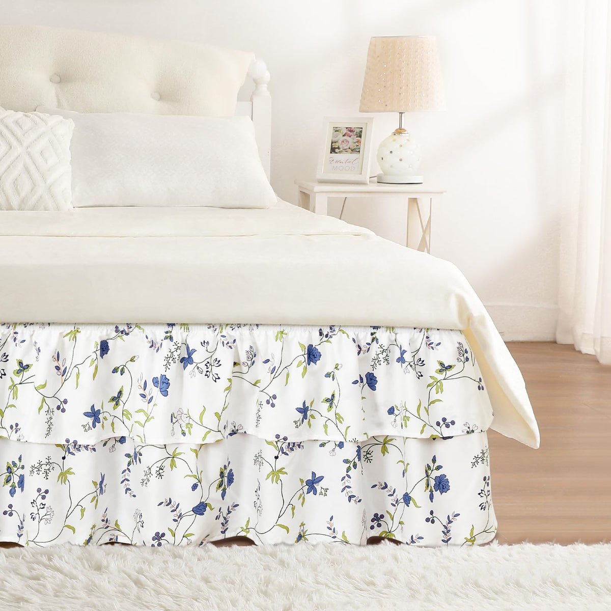 RIMELA Queen Size Ruffle Bed Skirt 16 Inch Drop - White Double Layered Wrap Around Dust Ruffle, Romantic Cute Design Bedskirt with High-Density Fabric, Soft Stretchy, Easy Install for Queen Bed