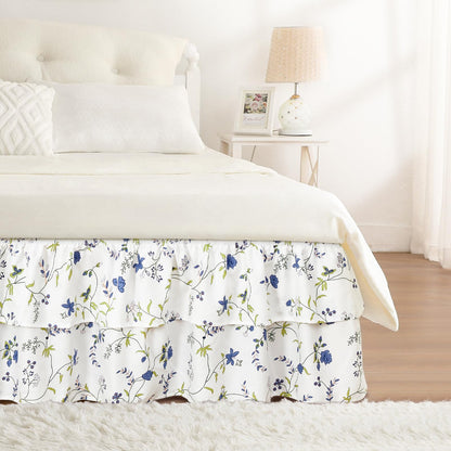 RIMELA Queen Size Ruffle Bed Skirt 16 Inch Drop - White Double Layered Wrap Around Dust Ruffle, Romantic Cute Design Bedskirt with High-Density Fabric, Soft Stretchy, Easy Install for Queen Bed