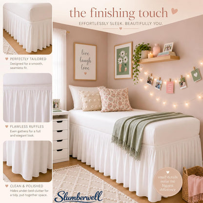 SlumberWell College Dorm Twin XL Ruffled Bed Skirt, 42 Inch Drop, White
