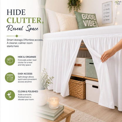 Cottington Lane Twin XL Dorm Bed Skirt 32 Inch Drop, Extended Ruffled College Dorm Bed Skirt, Wrap Around Dust Ruffle, Premium Brushed Microfiber Extra Long Bed Skirt for Twin XL Dorm Beds, White