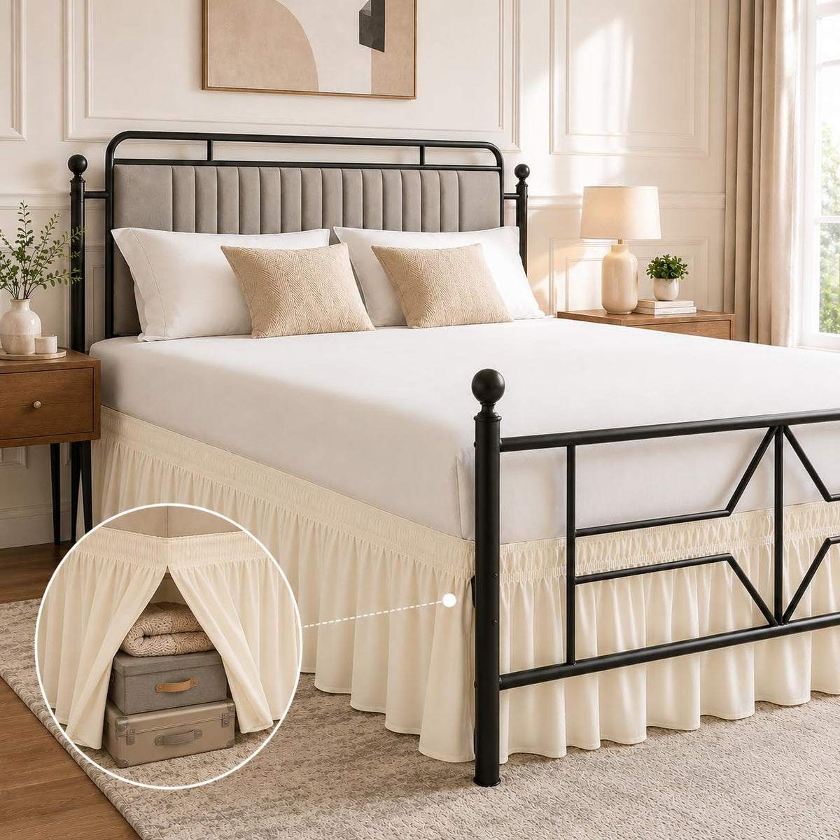 Queen Bed Skirt 14 inch Drop, Elastic Wrap Split Corner, Bright White