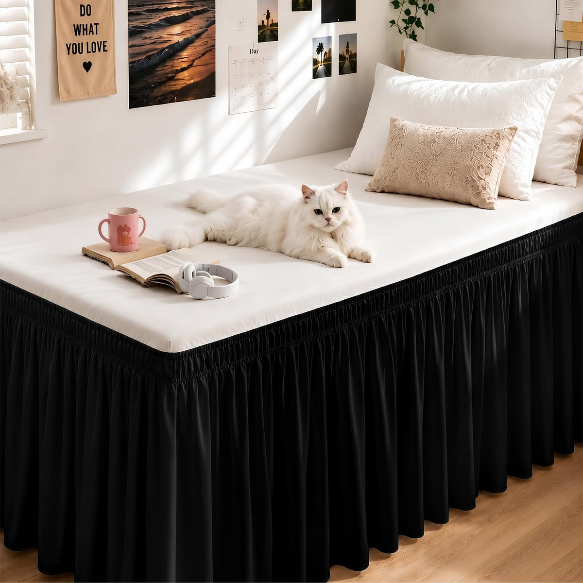 White Twin XL College Dorm Bed Skirt 32" Drop, Elastic Wrap Dust Ruffle