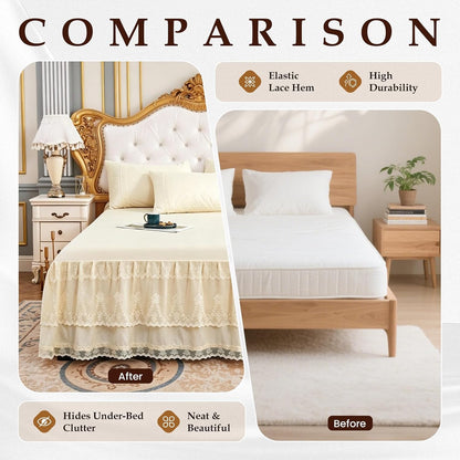Knitted Lace Bed Skirt for Full Bed - 17" Drop, Wrap Around Bedskirt with Platform, Dust Ruffle Dorm Room Bedskirts