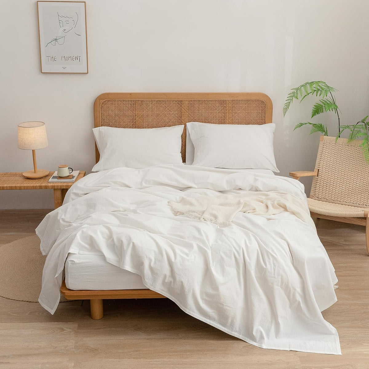 BESTOUCH Queen Flat Sheet 100% Washed Cotton Linen Feel Off White