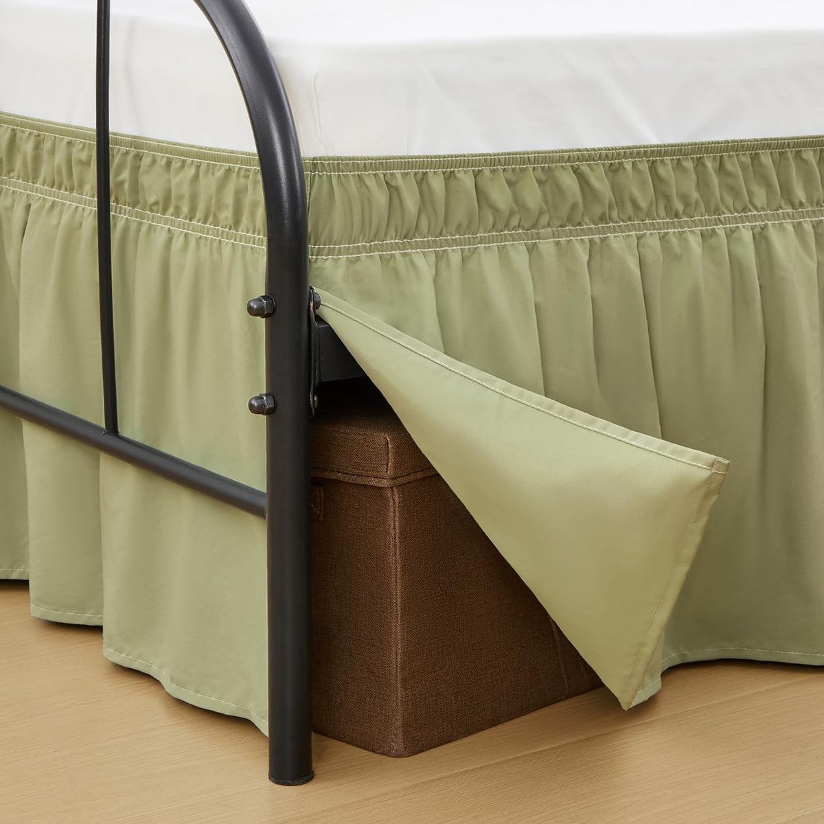 Queen Bed Skirt 14 inch Drop, Elastic Wrap Split Corner, Bright White