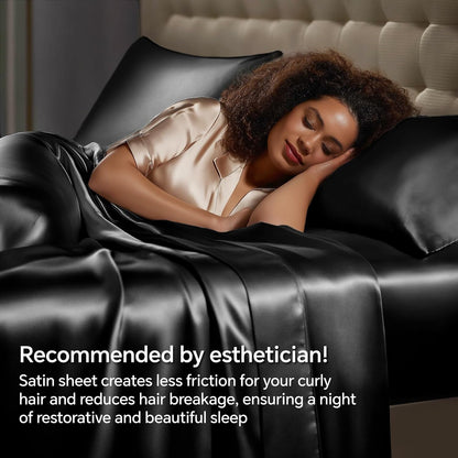BEDELITE Satin Sheets Queen Size Bed Set, Black, 4 Pieces