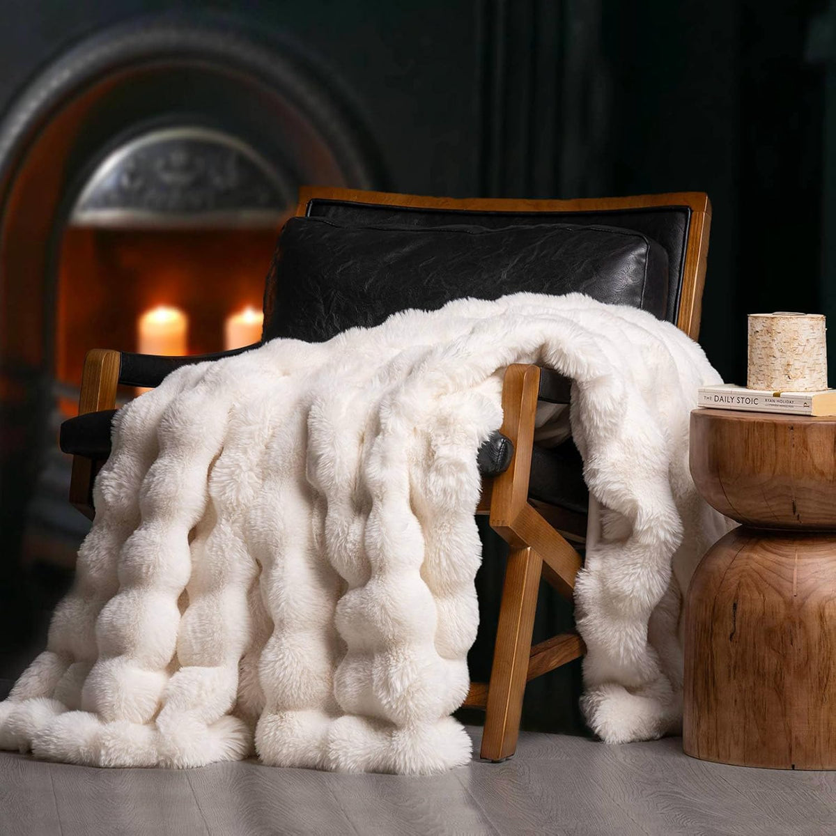 EverGrace Faux Rabbit Fur Bubble Throw Blanket, 60"x80", Ivory White