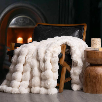 EverGrace Faux Rabbit Fur Bubble Throw Blanket, 60"x80", Ivory White
