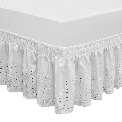 Wrap Around Elastic Eyelet Bed Skirt Dust Ruffle (Ivory, Twin/Full-18 Inch Drop)