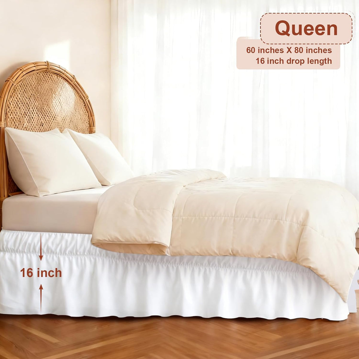 Queen Bed Skirt with Elastic Strap, Ruffle Bed Skirting Queen Size 16" Drop