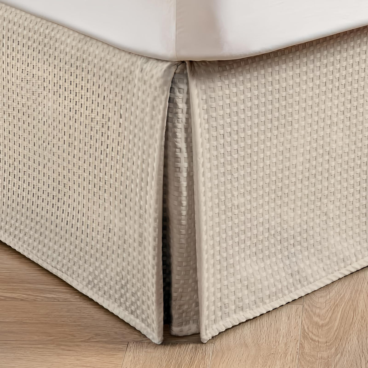 MIYE Pleated Waffle Weave Bed Skirt, Tailored Dust Ruffle 14 Inch Drop Easy Fit, Machine Washable,No Split Corners (Beige, King - 14" Drop)
