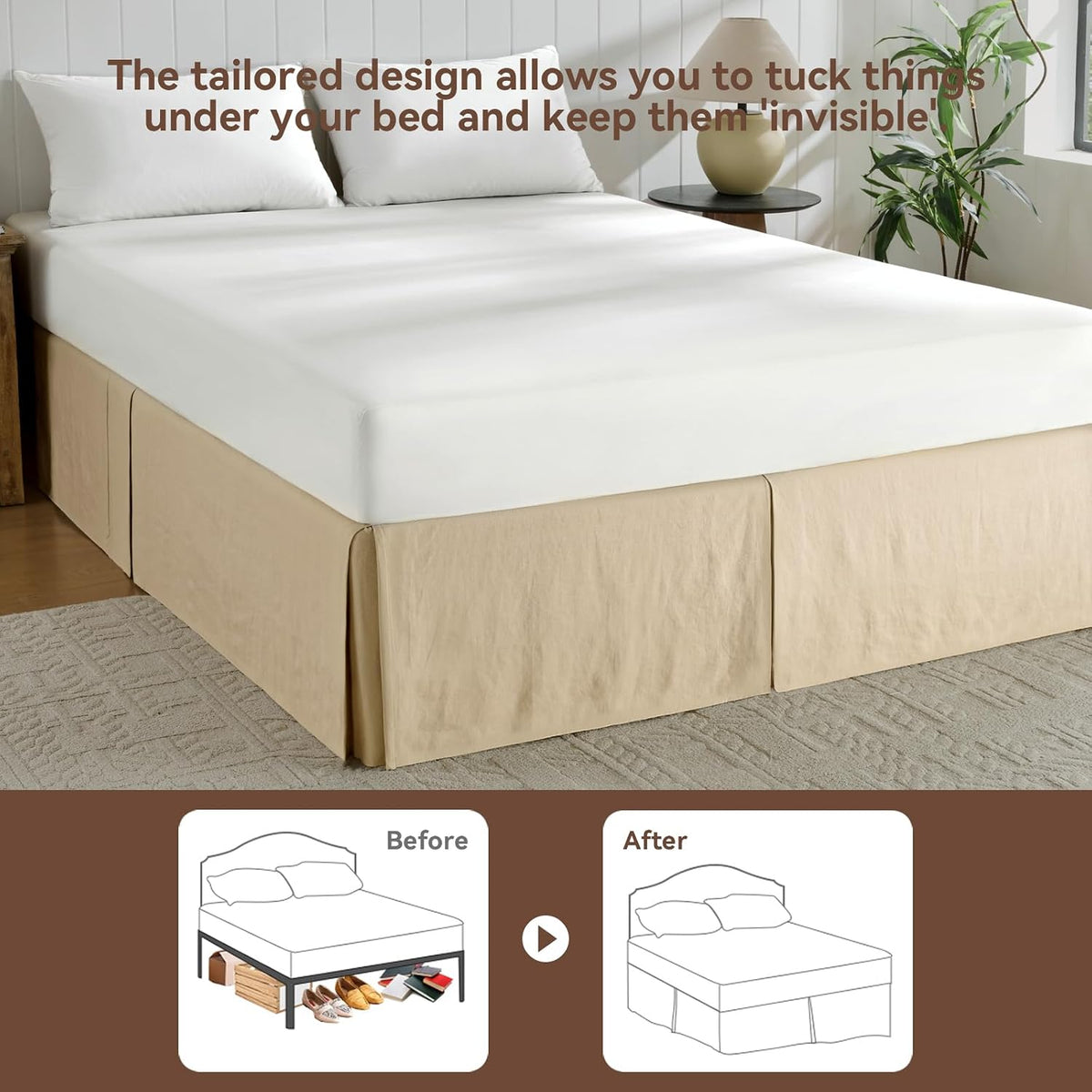 French Linen Bed Skirt 14" Tailored Drop Dust, Easy Fit Breathable Natural Flax Soft Cozy Farmhouse Bedding (14" Queen, 60"×80")