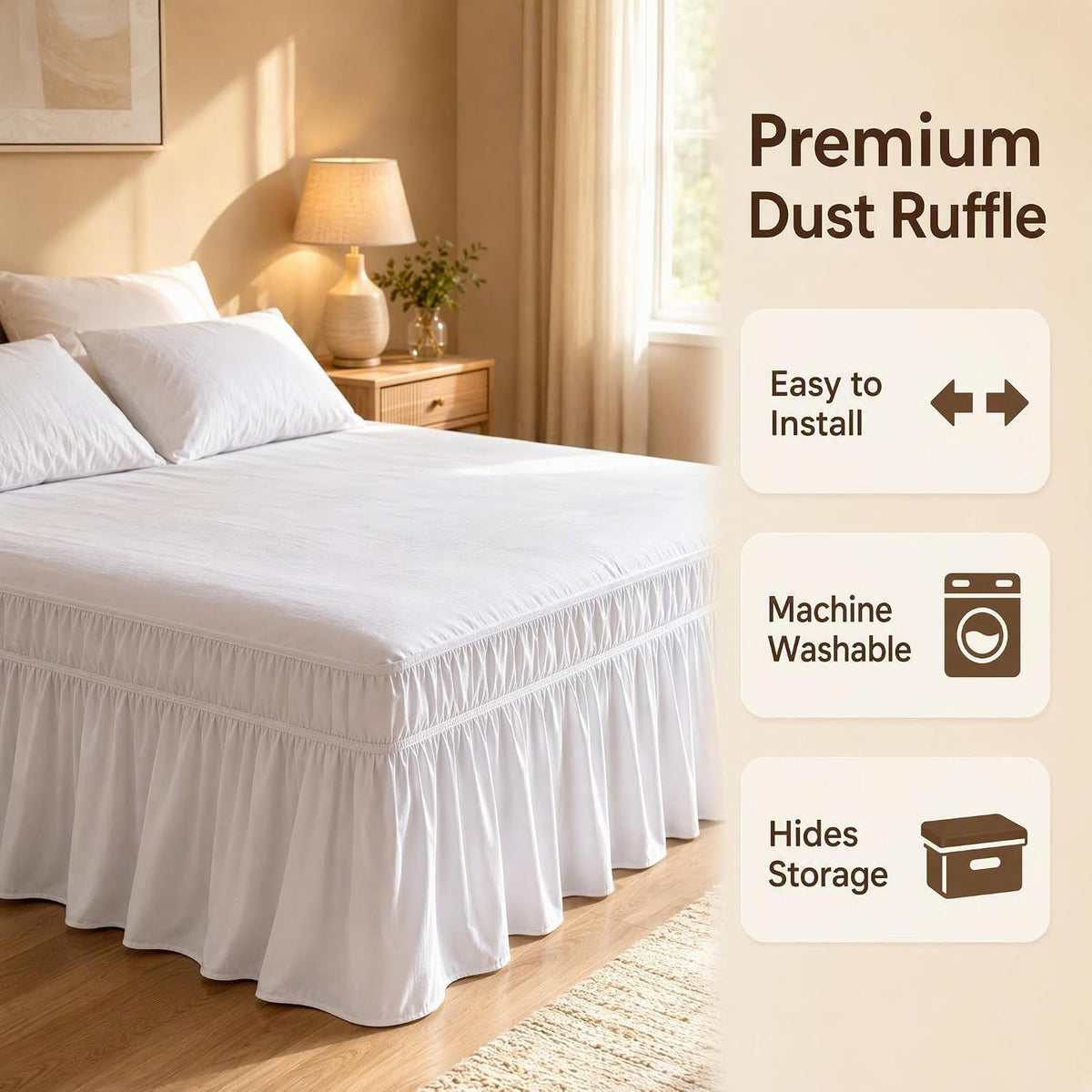 Juwenin Home Wrap Around Ruffle Bed Skirt, 16 Inch Drop, Elastic Fit, Wrinkle Resistant, Hotel Quality Bedskirt Dust Ruffle (White, Queen 16" Drop)