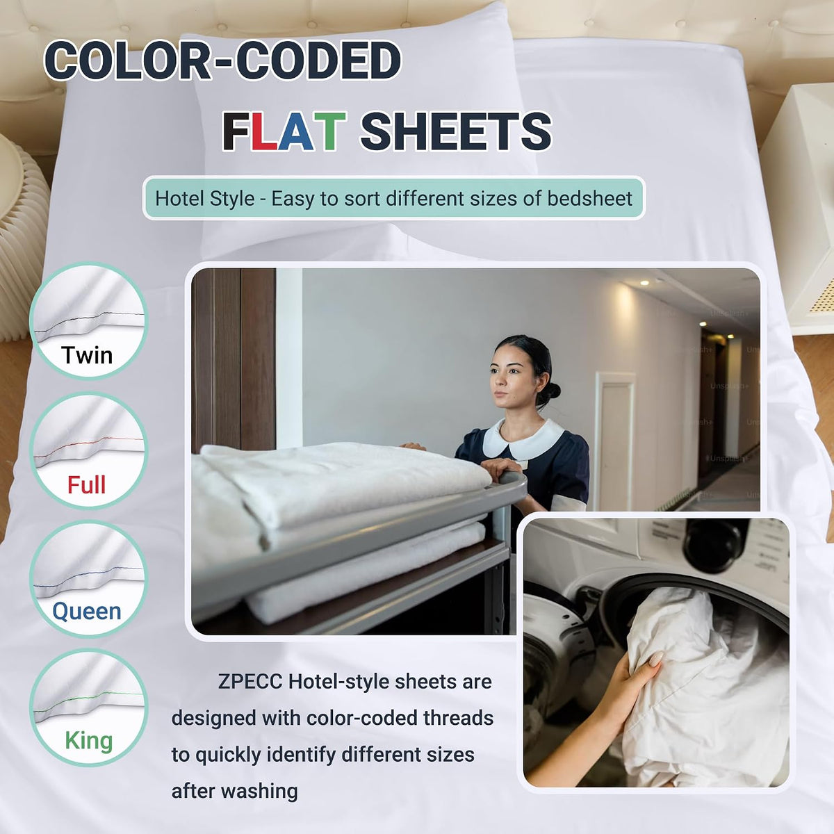 ZPECC Twin Flat Sheets Only White 6 Pack, Color-Coded Hem Threads