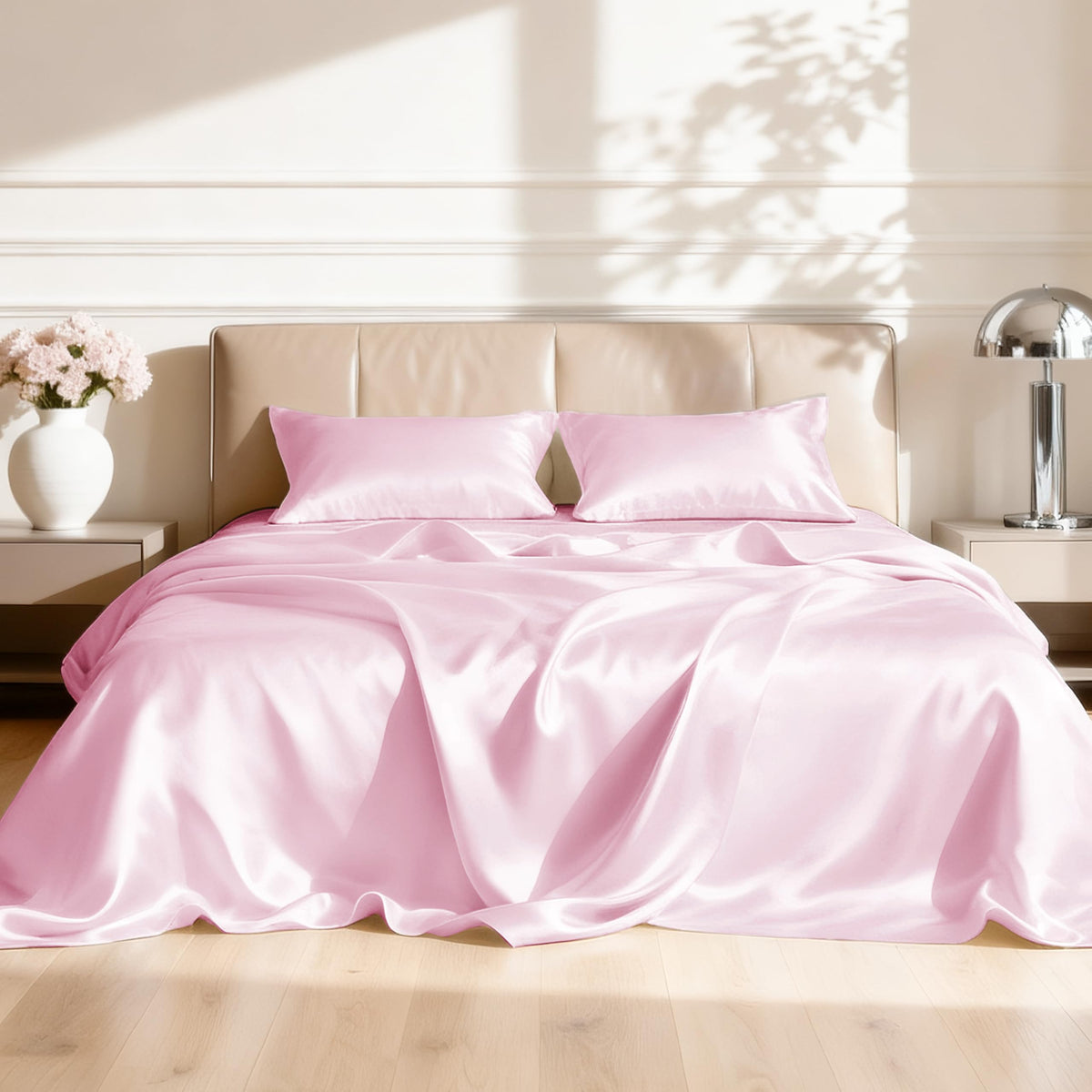 Love's cabin Satin Queen Sheets Set, 4 Pieces, Pink, 15" Deep Pocket