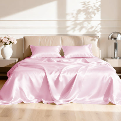 Love's cabin Satin Queen Sheets Set, 4 Pieces, Pink, 15" Deep Pocket