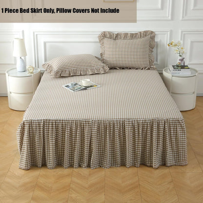 Silnuo Taupe/White Plaid Bed Skirt Gingham Dust Ruffle Queen Size 18"