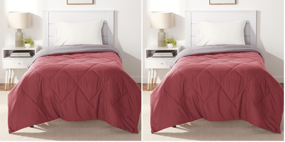 Amazon Basics Reversible Lightweight Microfiber All Season Comforter Blanket, Twin/Twin XL, Burgundy/Grey