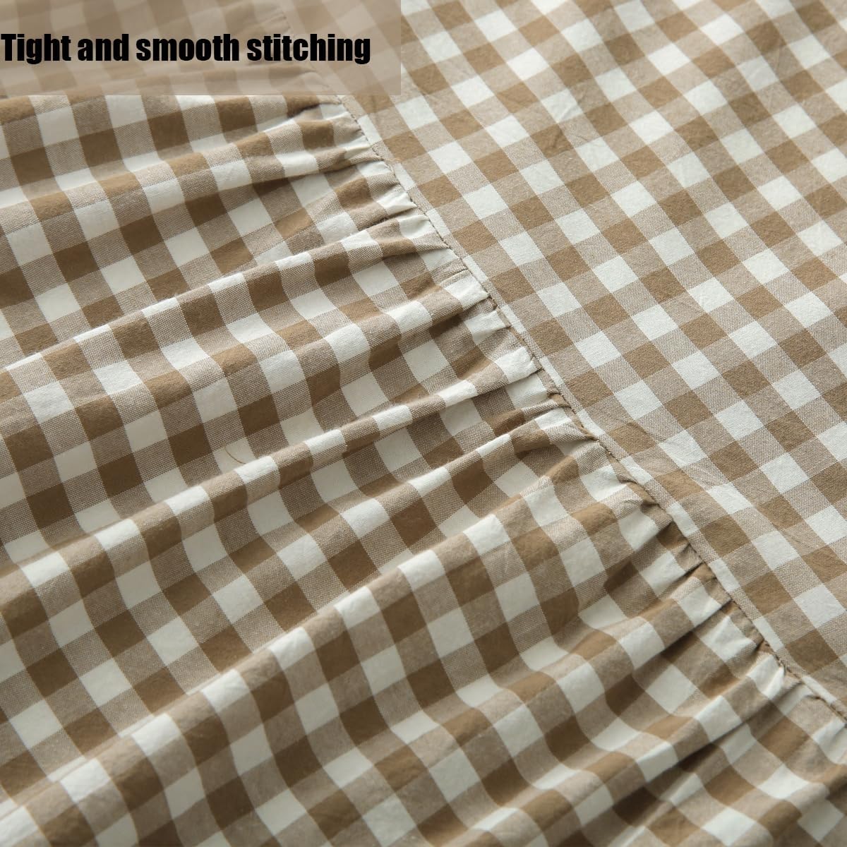 Silnuo Taupe/White Plaid Bed Skirt Gingham Dust Ruffle Queen Size 18"
