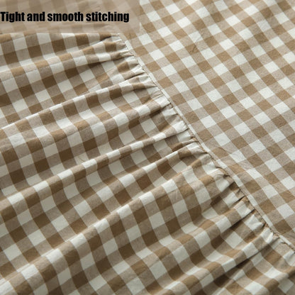 Silnuo Taupe/White Plaid Bed Skirt Gingham Dust Ruffle Queen Size 18"