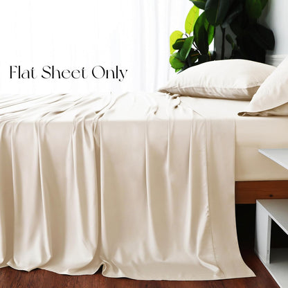 Bamboo Viscose Flat Sheets Only, 400 Thread Count Sateen Weave Twin Size Flat Sheet Only, Luxury Soft Cooling for Hot Sleepers, Silky Breathable (Beige, Twin)
