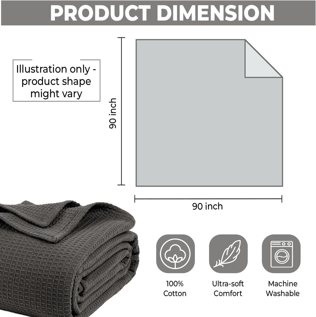 100% Cotton Blankets for Bed - Waffle Weave Blankets for Summer, Lightweight and Breathable Soft Woven Blanket for Spring (Dark Grey, Queen (90" x 90"))