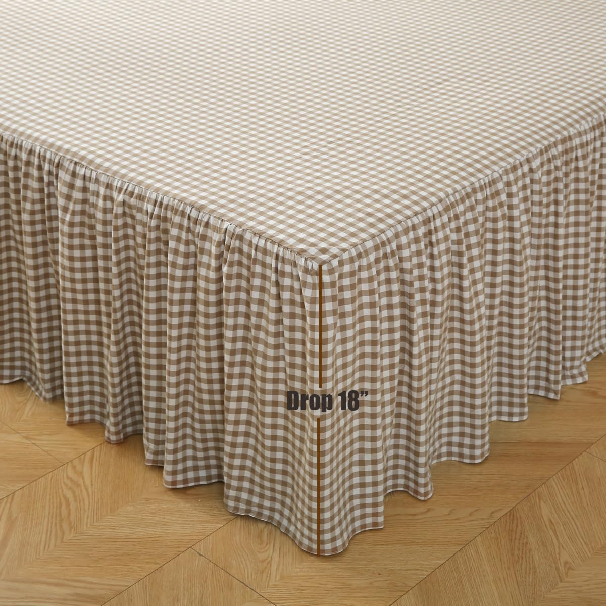 Silnuo Taupe/White Plaid Bed Skirt Gingham Dust Ruffle Queen Size 18"