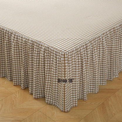 Silnuo Taupe/White Plaid Bed Skirt Gingham Dust Ruffle Queen Size 18"