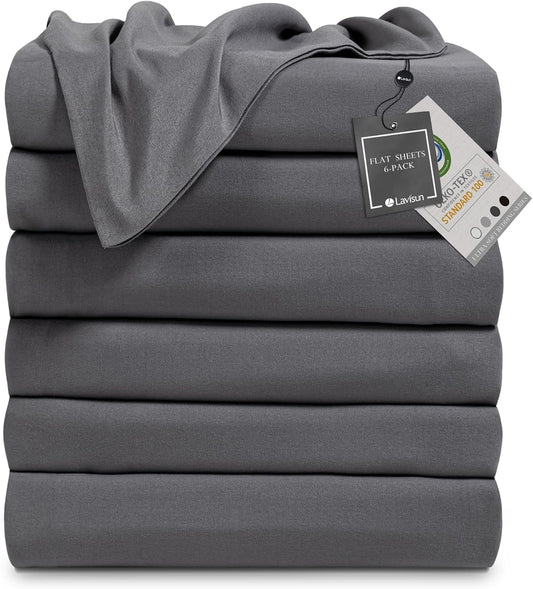 Lavisun Twin Flat Sheets Only, 6 Pack Soft Brushed Microfiber Bedding Sheets for Hotel, Massage, Hospital, Home, Dorm, Bulk Top Flat Sheets Only Twin Size (Grey)