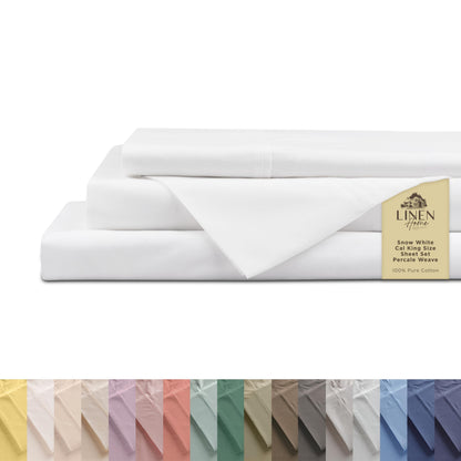 Linen Home 100% Cotton Percale Sheets Queen Size 4 Pc Cooling Set - White
