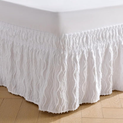 MIYE Wrap Around Ruffled Lace Bed Skirt, Elastic Dust Ruffle with Adjustable Belts, Easy to Put On, Bed Frame Cover, Machine Washable (Floral Lace/White, King/Queen-15 Drop)